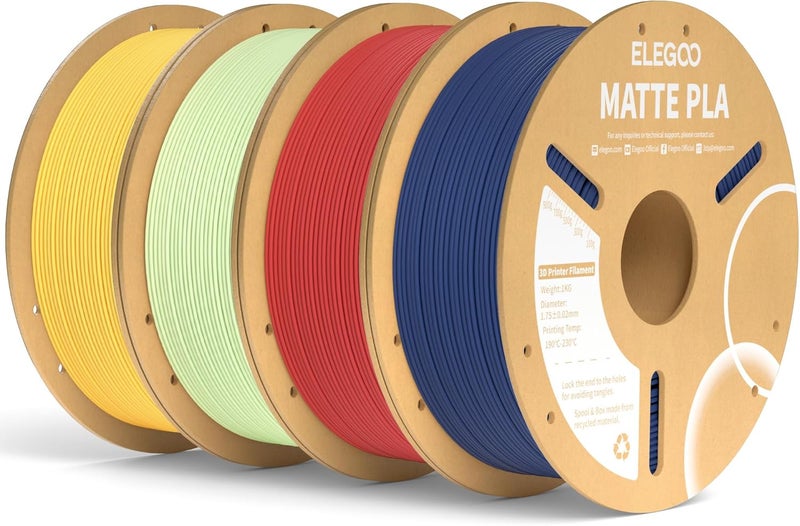 ELEGOO حزمة خيوط PLA غير اللامعة 4 كجم، 1.75 مم خيوط طابعة ثلاثية الأبعاد دقة الأبعاد +/- 0.02 مم، بكرة 1 كجم (2.2 رطل) تناسب معظم طابعات FDM ثلاثية الأبعاد باللون الأزرق البحري/الأحمر الياقوتي/الأخضر النعناعي/الأصفر المشمس - Image 1